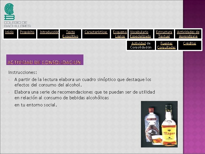 Inicio Propósito Introducción Texto Expositivo Características Esquema Vocabulario Lógico Especializado Actividad de Consolidación Instrucciones: