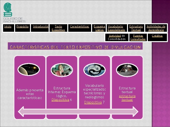 Inicio Propósito Introducción Texto Expositivo Características Esquema Vocabulario Lógico Especializado Actividad de Consolidación Además