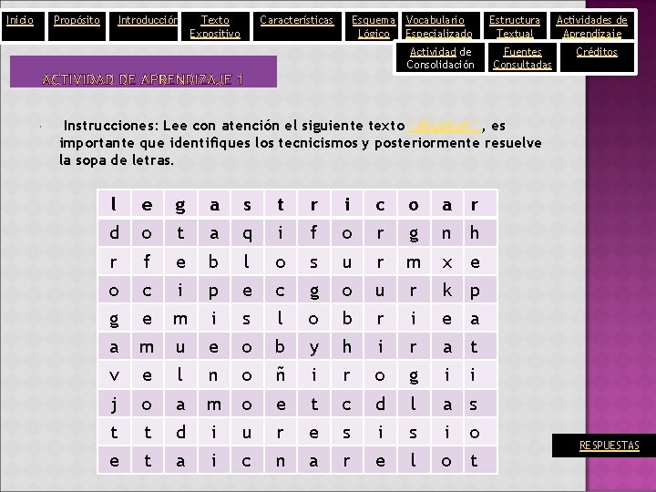 Inicio Propósito Introducción Texto Expositivo Características Esquema Vocabulario Lógico Especializado Actividad de Consolidación Estructura