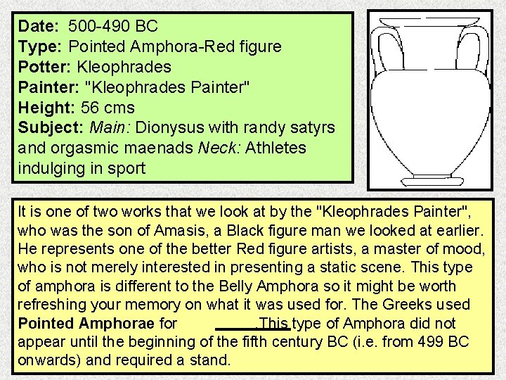 Date: 500 -490 BC Type: Pointed Amphora-Red figure Potter: Kleophrades Painter: "Kleophrades Painter" Height: