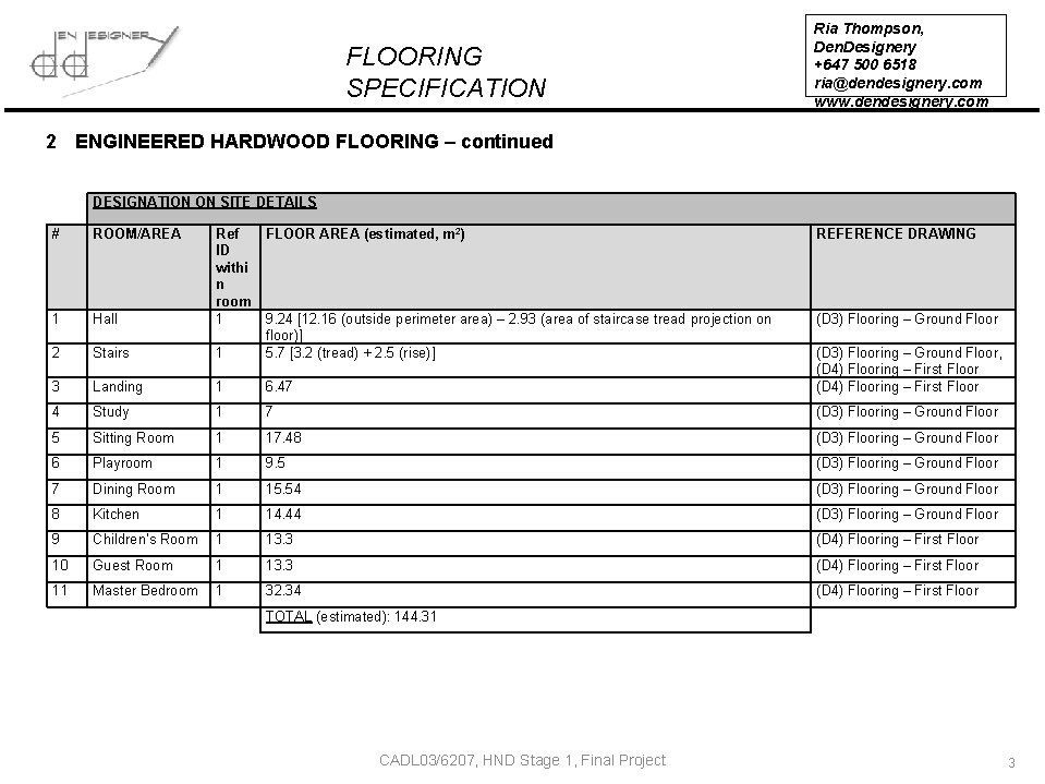 FLOORING SPECIFICATION Ria Thompson, Den. Designery +647 500 6518 ria@dendesignery. com www. dendesignery. com FLOORING SPECIFICATION Ria Thompson, Den. Designery +647 500 6518 ria@dendesignery. com www. dendesignery. com