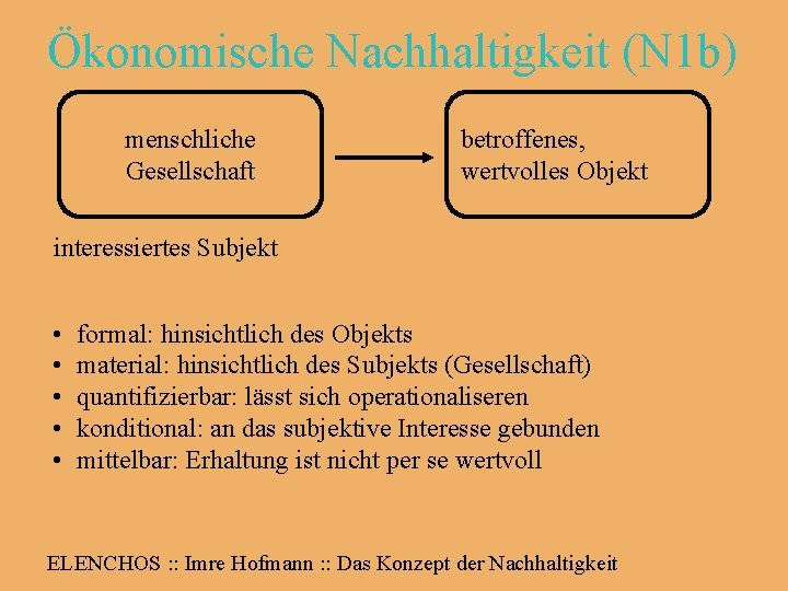 Ökonomische Nachhaltigkeit (N 1 b) menschliche Gesellschaft betroffenes, wertvolles Objekt interessiertes Subjekt • •