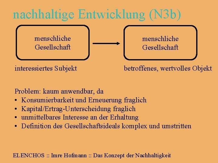 nachhaltige Entwicklung (N 3 b) menschliche Gesellschaft interessiertes Subjekt menschliche Gesellschaft betroffenes, wertvolles Objekt