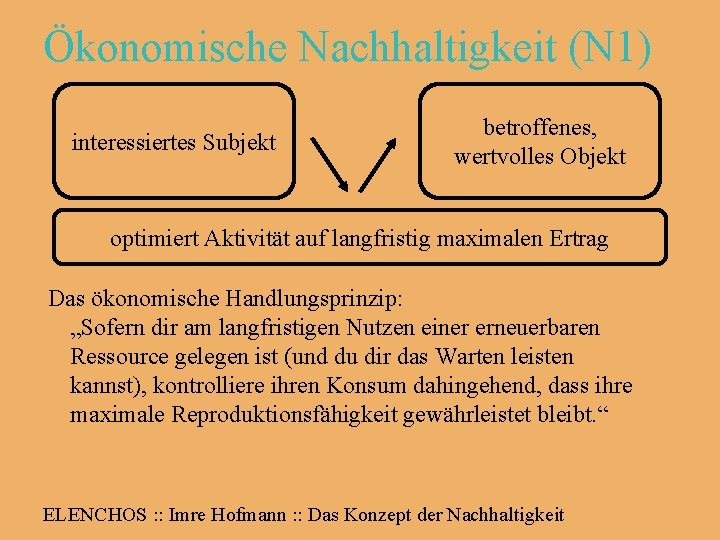 Ökonomische Nachhaltigkeit (N 1) interessiertes Subjekt betroffenes, wertvolles Objekt optimiert Aktivität auf langfristig maximalen