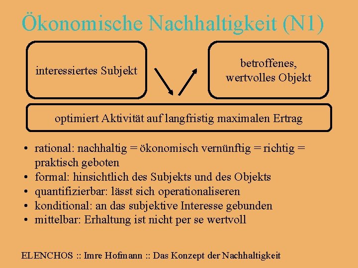 Ökonomische Nachhaltigkeit (N 1) interessiertes Subjekt betroffenes, wertvolles Objekt optimiert Aktivität auf langfristig maximalen