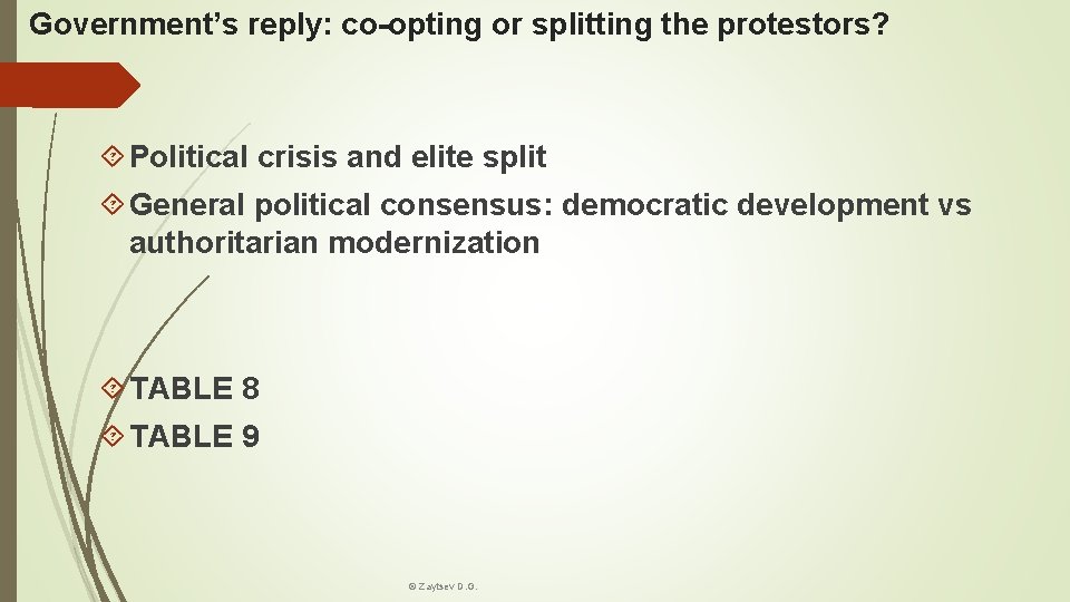 Government’s reply: co-opting or splitting the protestors? Political crisis and elite split General political