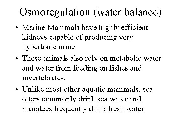 Osmoregulation (water balance) • Marine Mammals have highly efficient kidneys capable of producing very