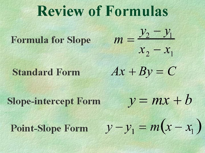 Linear Functions Review of Formulas Formula for Slope