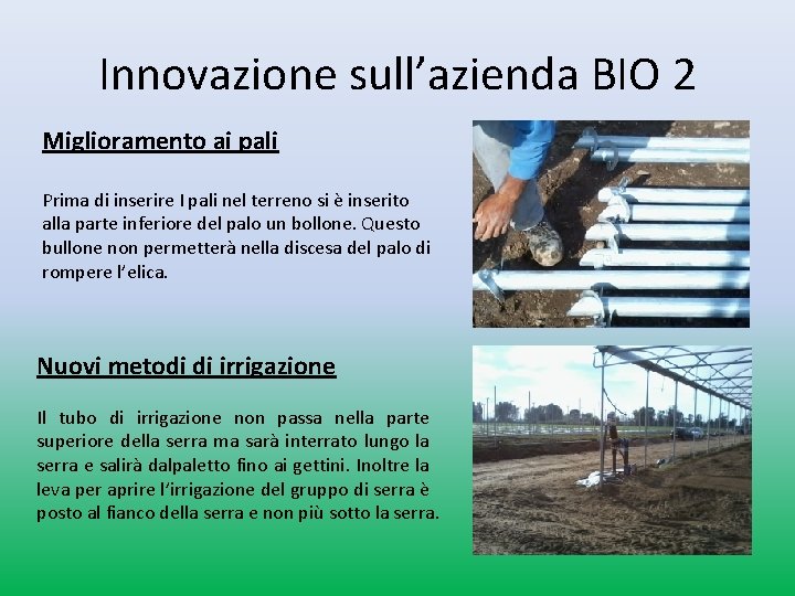 Innovazione sull’azienda BIO 2 Miglioramento ai pali Prima di inserire I pali nel terreno Innovazione sull’azienda BIO 2 Miglioramento ai pali Prima di inserire I pali nel terreno