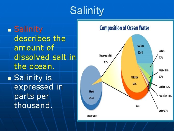 Salinity n n Salinity describes the amount of dissolved salt in the ocean. Salinity