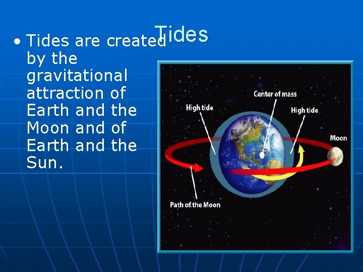 Tides • Tides are created by the gravitational attraction of Earth and the Moon