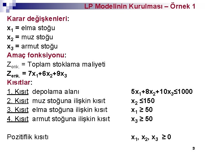 LP Modelinin Kurulması – Örnek 1 Karar değişkenleri: x 1 = elma stoğu x