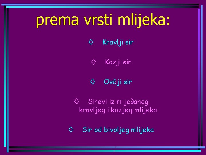 prema vrsti mlijeka: ◊ Kravlji sir ◊ Kozji sir ◊ Ovčji sir ◊ Sirevi