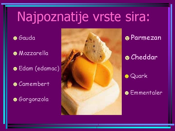 Najpoznatije vrste sira: ☻ Gauda ☻ Mozzarella ☻ Edam (edamac) ☻ Camembert ☻ Gorgonzola