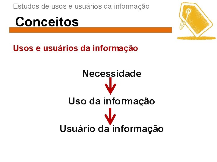 Estudos de usos e usuários da informação Conceitos Usos e usuários da informação Necessidade