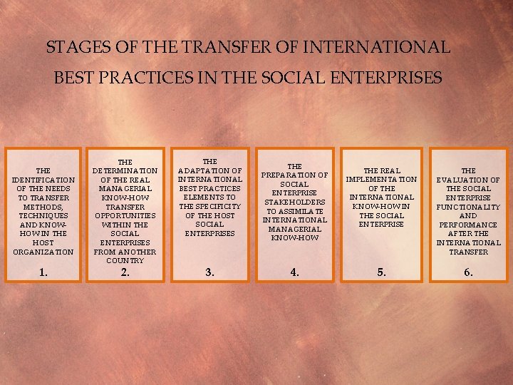 STAGES OF THE TRANSFER OF INTERNATIONAL BEST PRACTICES IN THE SOCIAL ENTERPRISES THE IDENTIFICATION