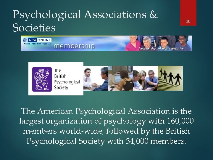 Psychological Associations & Societies 38 The American Psychological Association is the largest organization of
