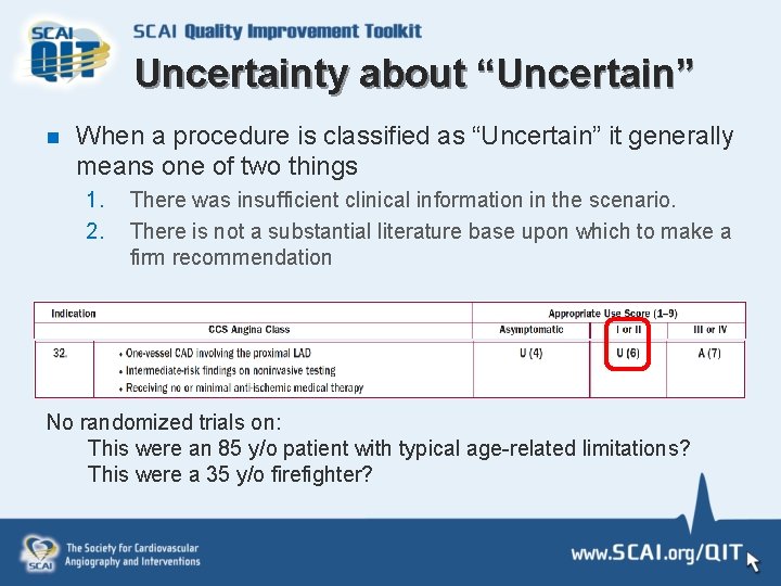 Uncertainty about “Uncertain” n When a procedure is classified as “Uncertain” it generally means