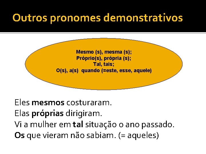 Outros pronomes demonstrativos Mesmo (s), mesma (s); Próprio(s), própria (s); Tal, tais; O(s), a(s)