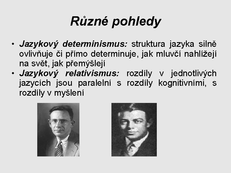 Různé pohledy • Jazykový determinismus: struktura jazyka silně ovlivňuje či přímo determinuje, jak mluvčí Různé pohledy • Jazykový determinismus: struktura jazyka silně ovlivňuje či přímo determinuje, jak mluvčí
