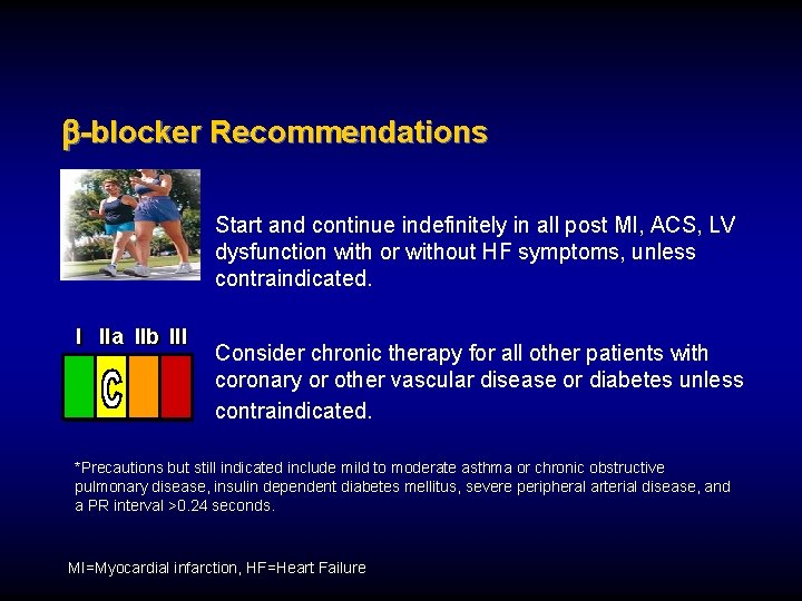  -blocker Recommendations Start and continue indefinitely in all post MI, ACS, LV dysfunction