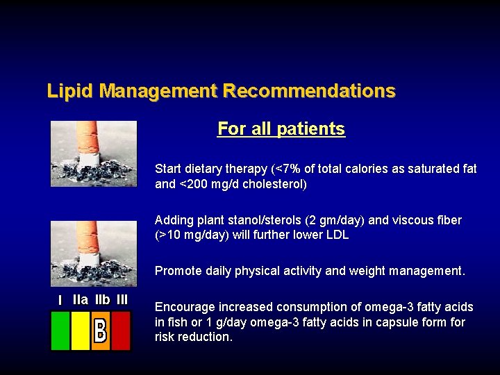 Lipid Management Recommendations For all patients Start dietary therapy (<7% of total calories as