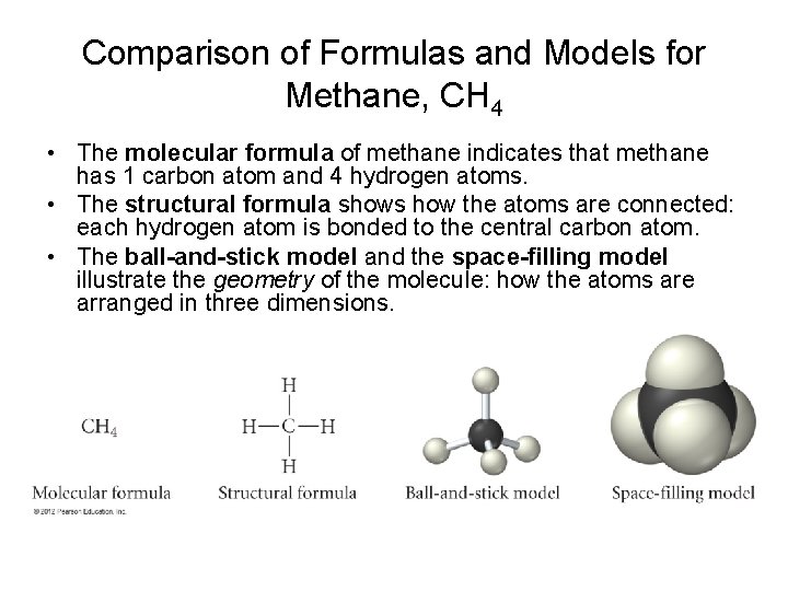 Comparison of Formulas and Models for Methane, CH 4 • The molecular formula of