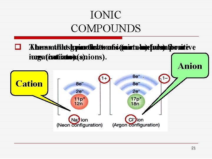 IONIC COMPOUNDS o Atoms q The smallest that gain lose particles electrons of ionic