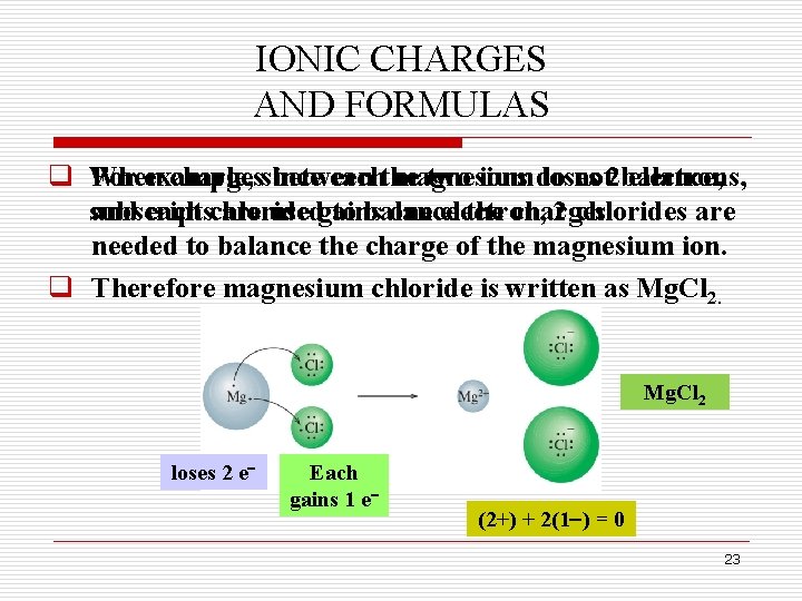 IONIC CHARGES AND FORMULAS q When For example, chargessince between eachthe magnesium two ions