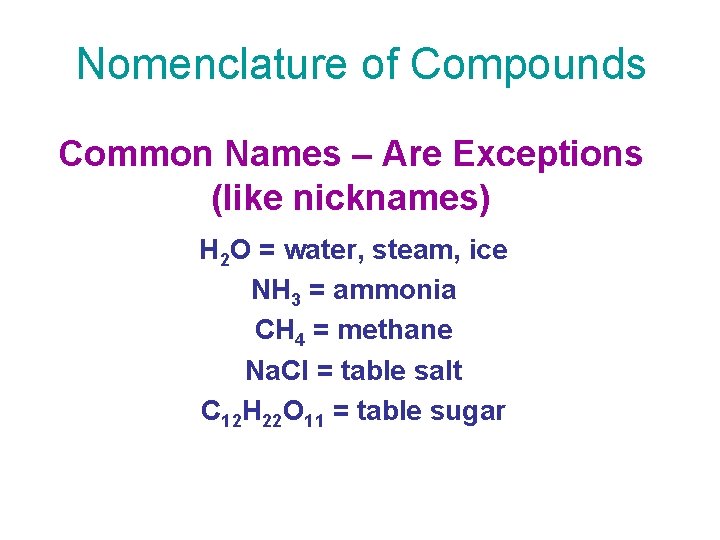 Nomenclature of Compounds Common Names – Are Exceptions (like nicknames) H 2 O =