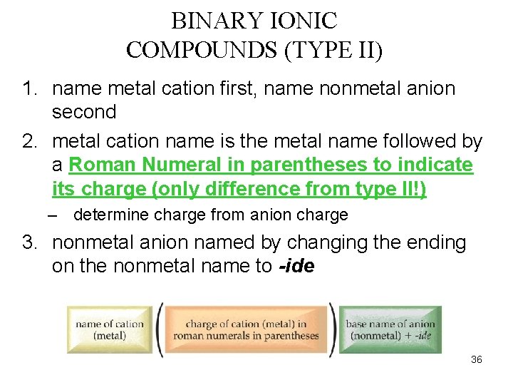 BINARY IONIC COMPOUNDS (TYPE II) 1. name metal cation first, name nonmetal anion second