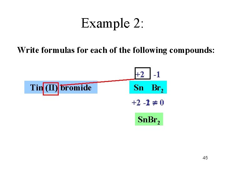 Example 2: Write formulas for each of the following compounds: +2 Tin (II) bromide