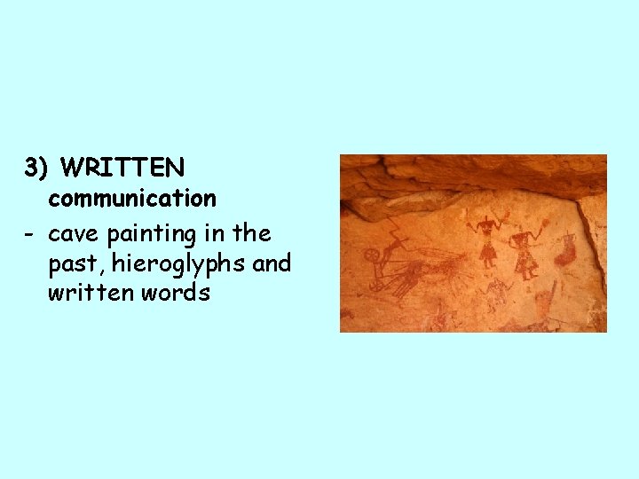 3) WRITTEN communication - cave painting in the past, hieroglyphs and written words 