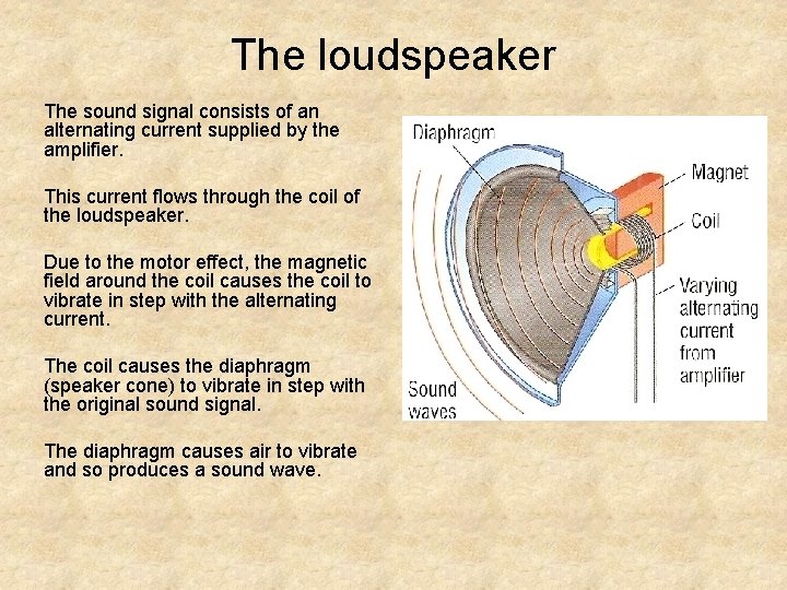 The loudspeaker The sound signal consists of an alternating current supplied by the amplifier.