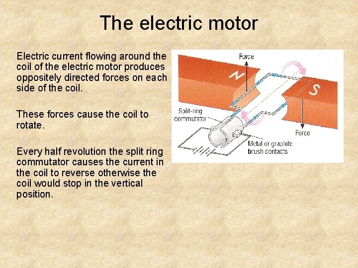 The electric motor Electric current flowing around the coil of the electric motor produces
