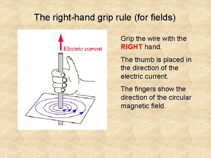 The right-hand grip rule (for fields) Grip the wire with the RIGHT hand. The