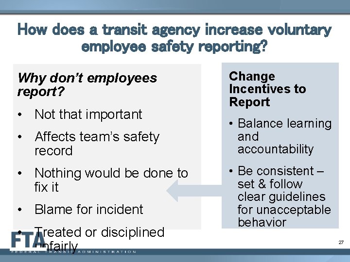 How does a transit agency increase voluntary employee safety reporting? Why don’t employees report?