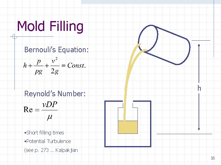 Mold Filling Bernouli’s Equation: Reynold’s Number: h • Short filling times • Potential Turbulence