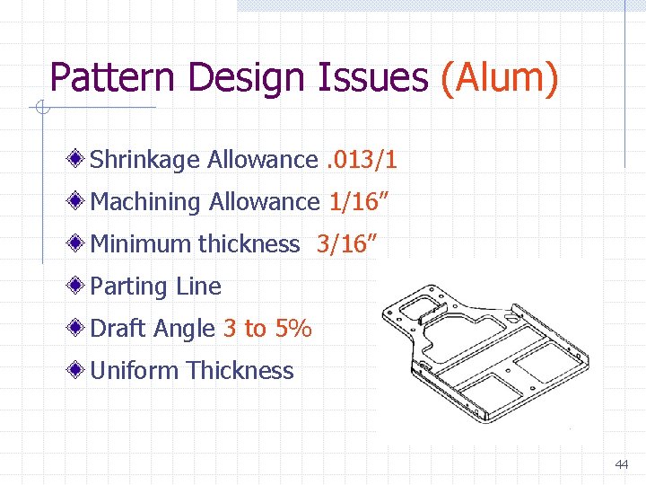 Pattern Design Issues (Alum) Shrinkage Allowance. 013/1 Machining Allowance 1/16” Minimum thickness 3/16” Parting