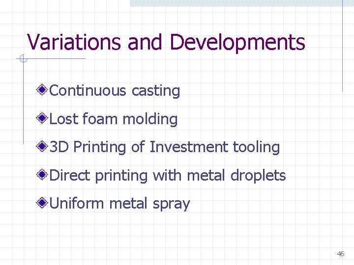 Variations and Developments Continuous casting Lost foam molding 3 D Printing of Investment tooling