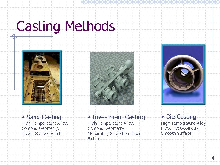 Casting Methods • Sand Casting High Temperature Alloy, Complex Geometry, Rough Surface Finish •