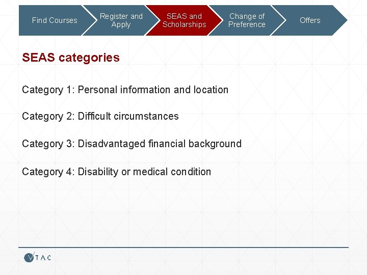 Find Courses Register and Apply SEAS and Scholarships Change of Preference SEAS categories Category