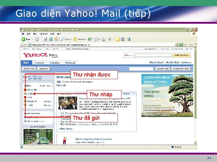 Giao diện Yahoo! Mail (tiếp) Thư nhận được Thư nháp Thư đã gửi 31