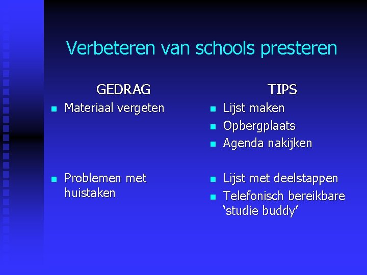 Verbeteren van schools presteren GEDRAG n Materiaal vergeten TIPS n n Problemen met huistaken Verbeteren van schools presteren GEDRAG n Materiaal vergeten TIPS n n Problemen met huistaken