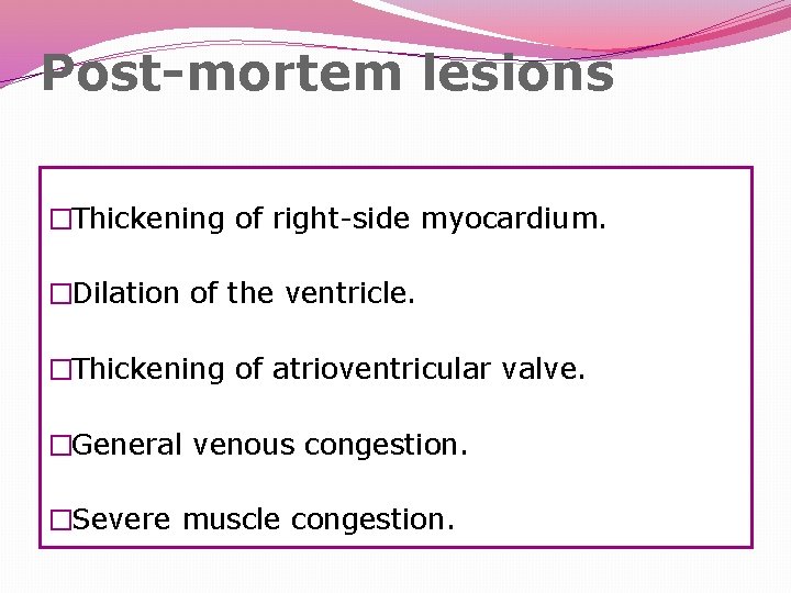 Post-mortem lesions �Thickening of right-side myocardium. �Dilation of the ventricle. �Thickening of atrioventricular valve.