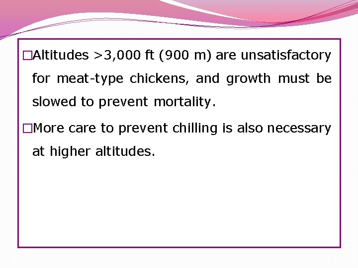 �Altitudes >3, 000 ft (900 m) are unsatisfactory for meat-type chickens, and growth must