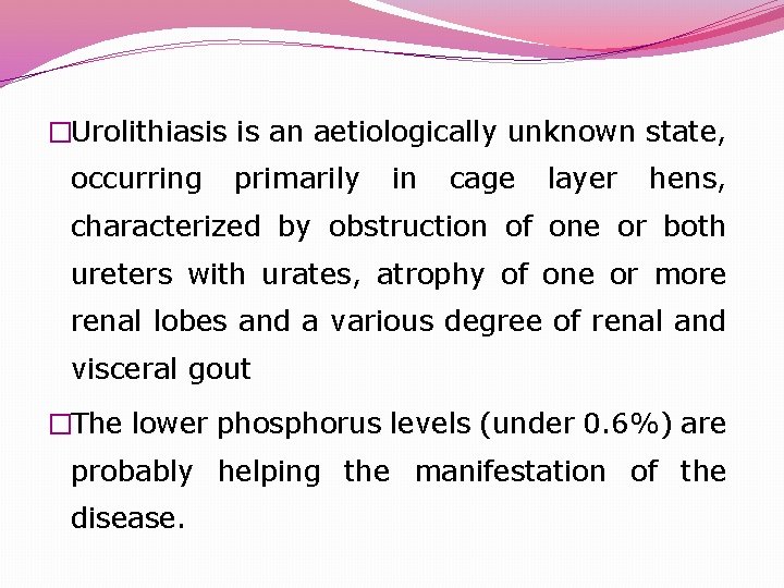 �Urolithiasis is an aetiologically unknown state, occurring primarily in cage layer hens, characterized by
