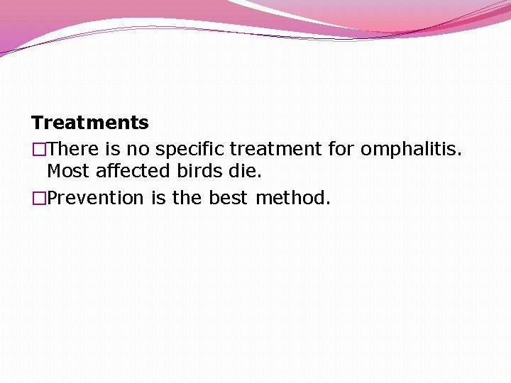 Treatments �There is no specific treatment for omphalitis. Most affected birds die. �Prevention is