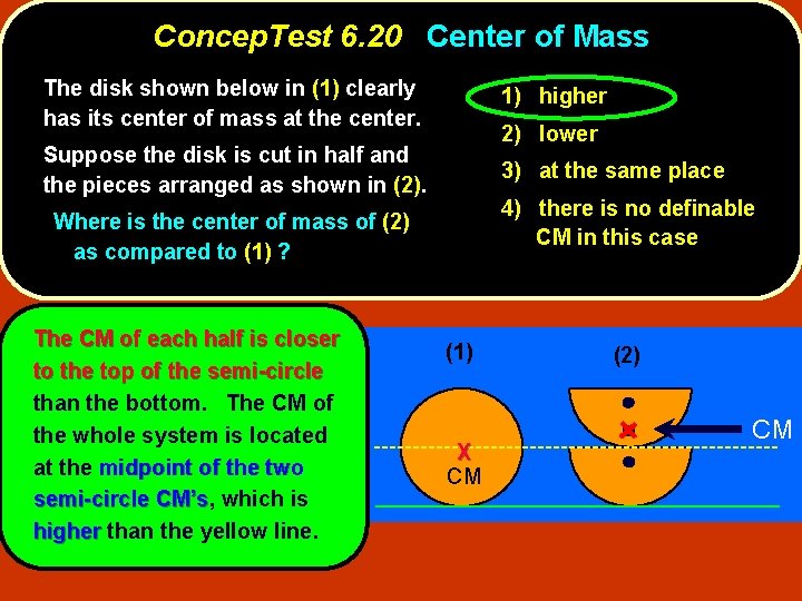 Concep. Test 6. 20 Center of Mass The disk shown below in (1) clearly