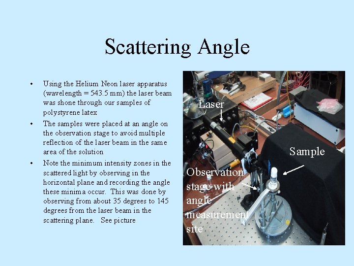 Scattering Angle • • • Using the Helium Neon laser apparatus (wavelength = 543.